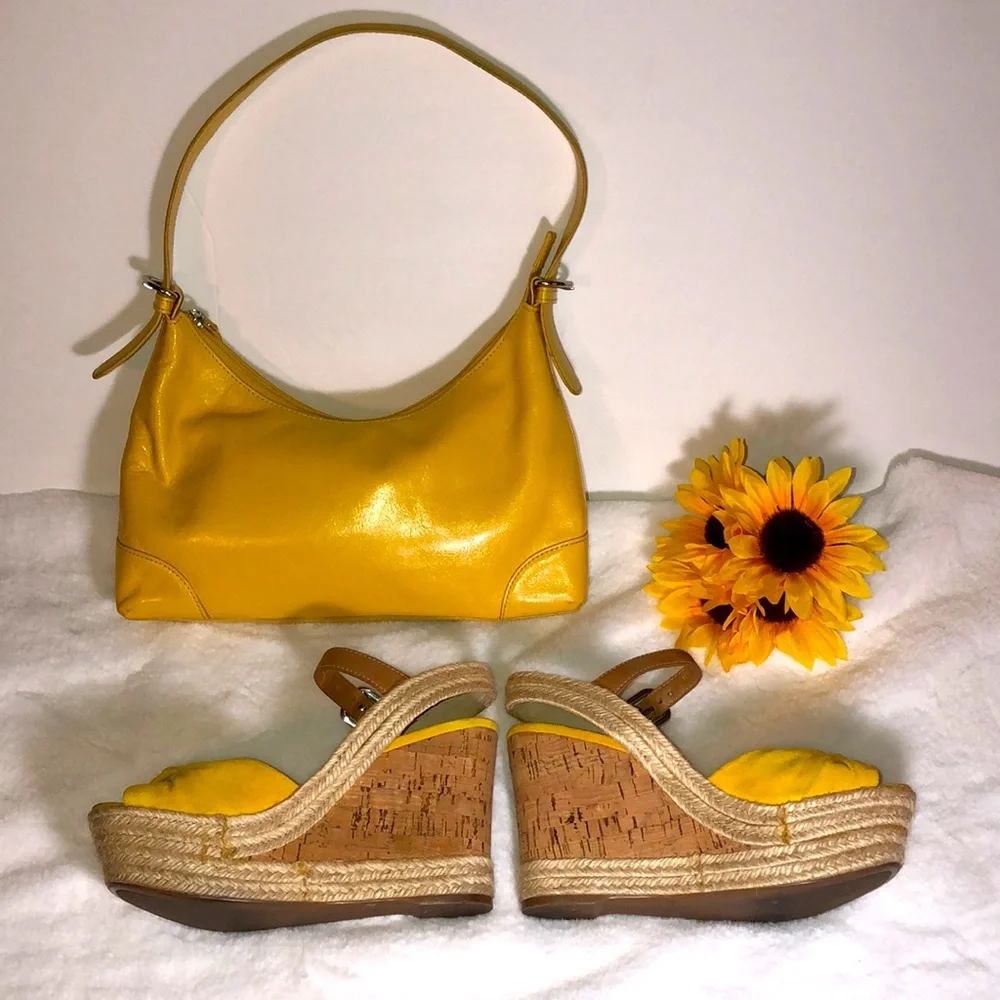 PRADA Suede Wedges & Matching Leather Purse in Sunny Butter Yellow